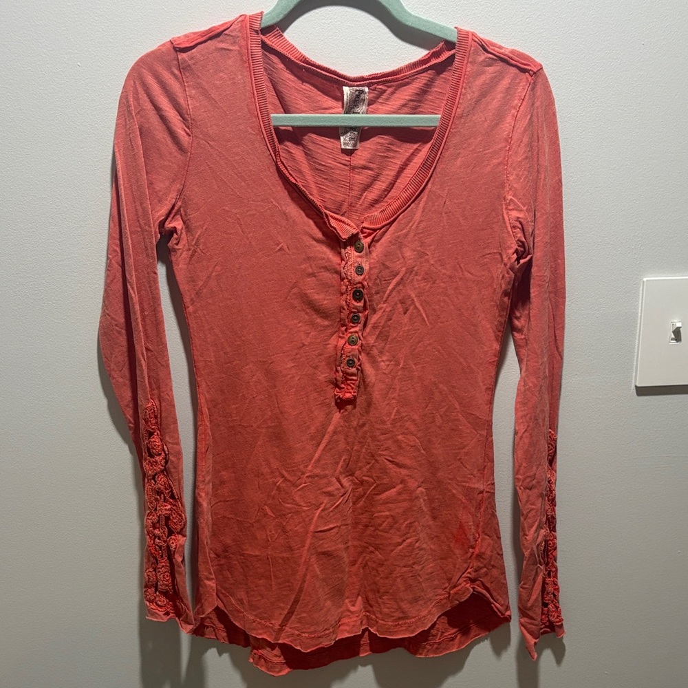 Free People Coral Long Sleeve Top with Button Accents